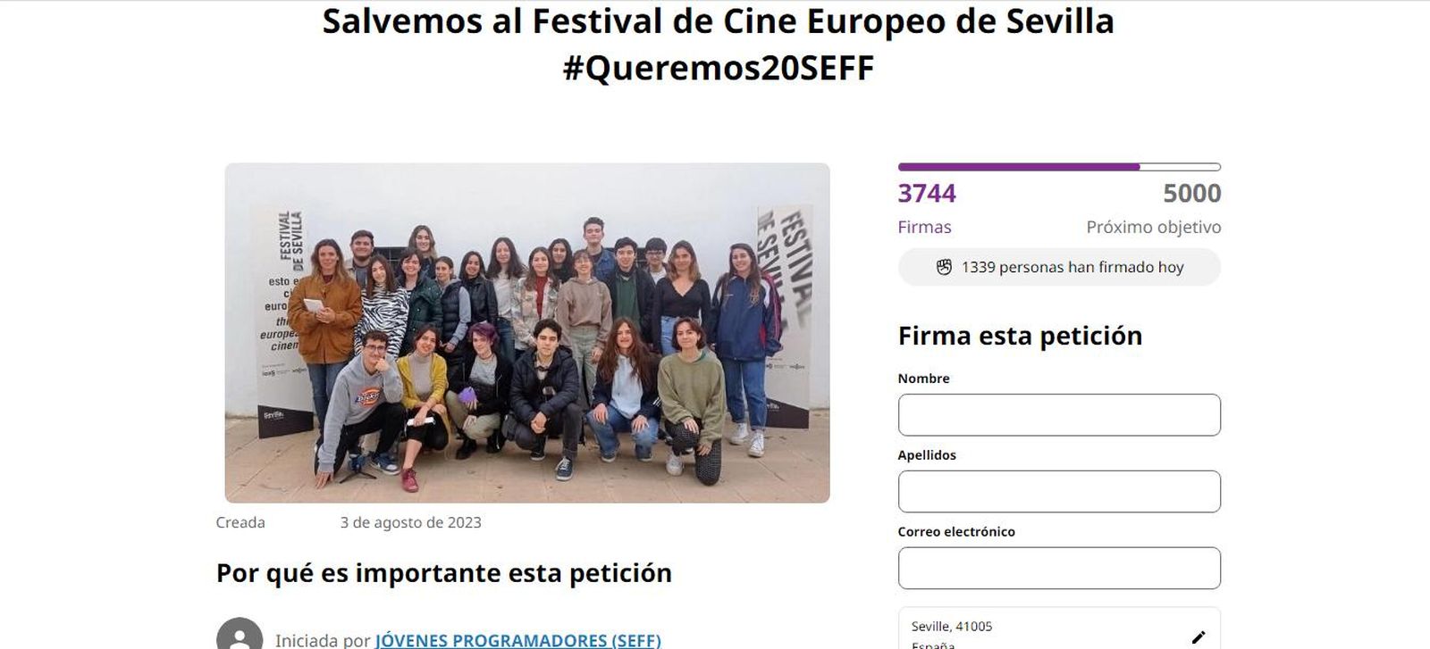 Una captura de la campaña lanzada por los jóvenes programadores en Change.org.