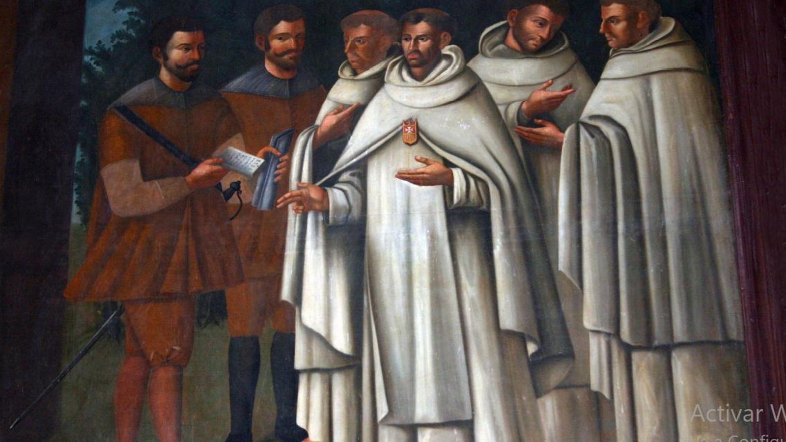 Óleo situado en el muro del Evangelio de la iglesia del convento de la Almoraima que representa el momento en el que el alcaide-gobernador de Castellar entrega a los frailes fundadores la cédula de propiedad del convento.