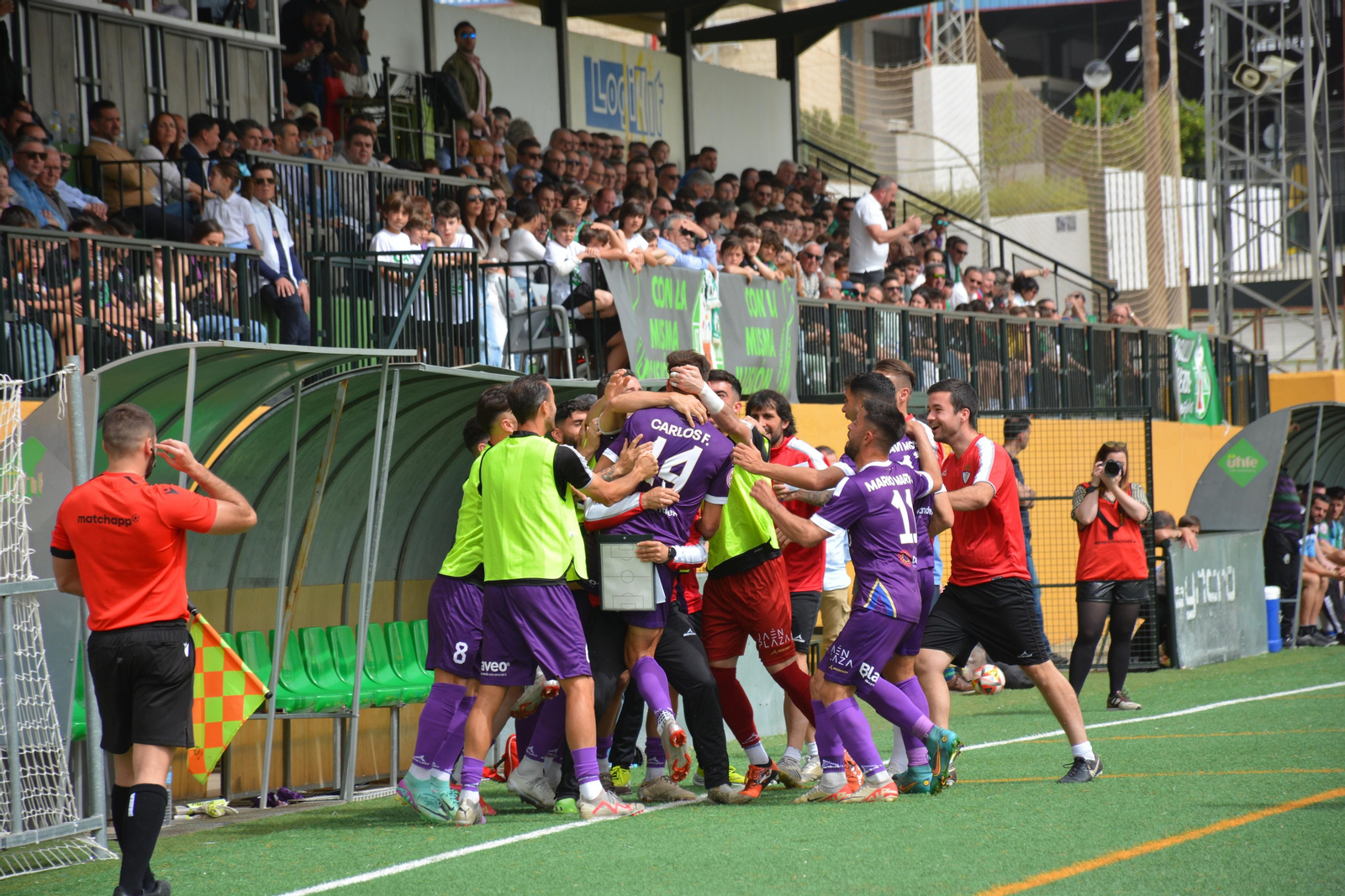 Los jugadores del Real Jaén celebran junto a su banquillo el gol de Carlos Fernández en Mancha Real.