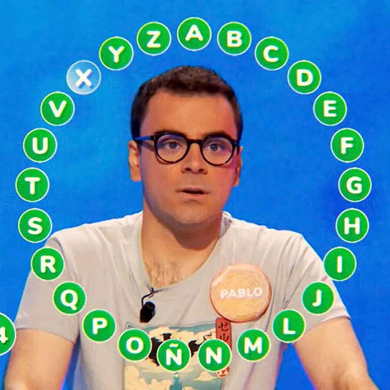 Pablo Díaz en el rosco completado en 'Pasapalabra' a falta de una respuesta, la X