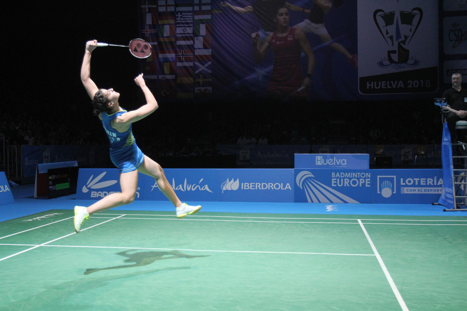 Partido y victoria de Carolina Marín en el Europeo de Bádminton celebrado en Huelva
