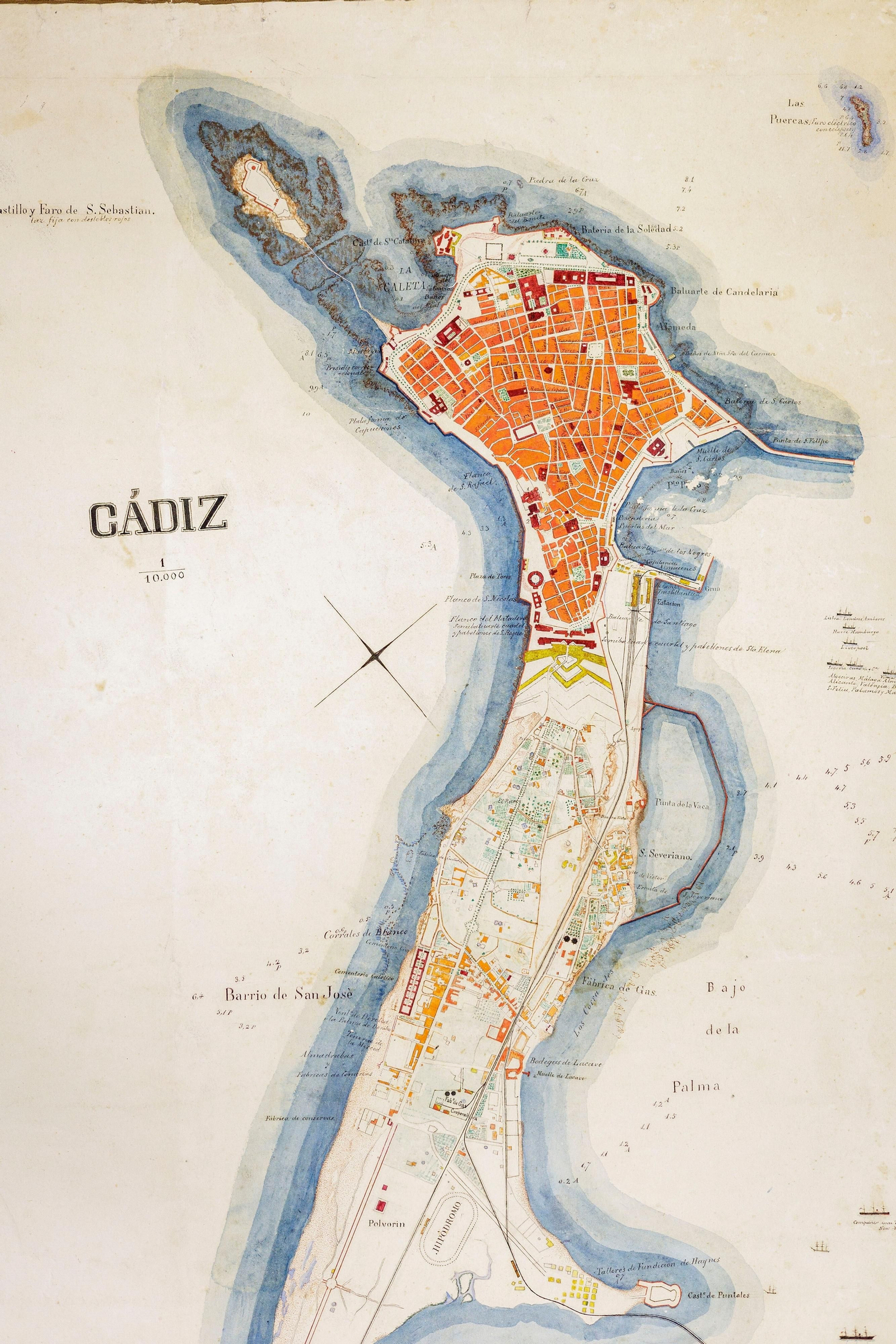 Mapa de los contornos de Cádiz en el s. XIX.