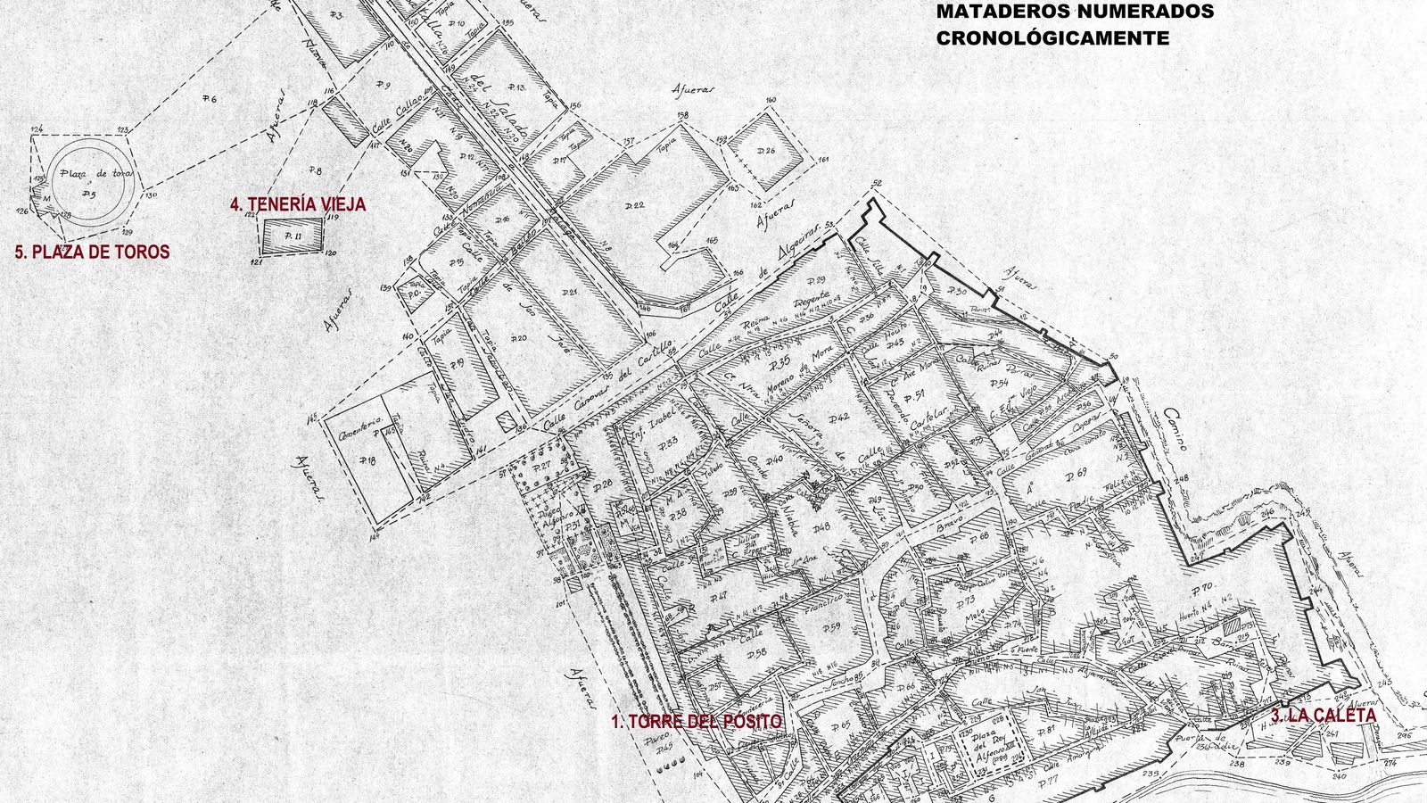 Plano de Tarifa en 1909, señalando las ubicaciones de los distintos mataderos numerados por orden cronológico.