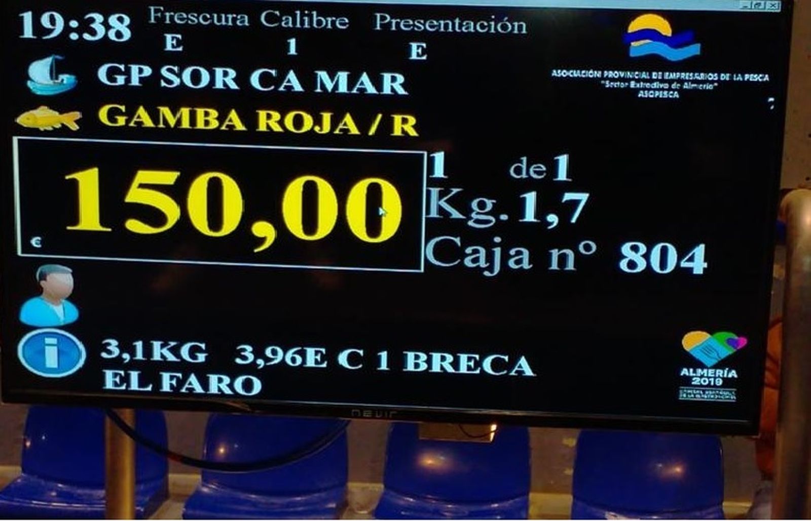 La gamba roja extra alcanzaba el lunes los 150 euros el kilo en la lonja de Almería