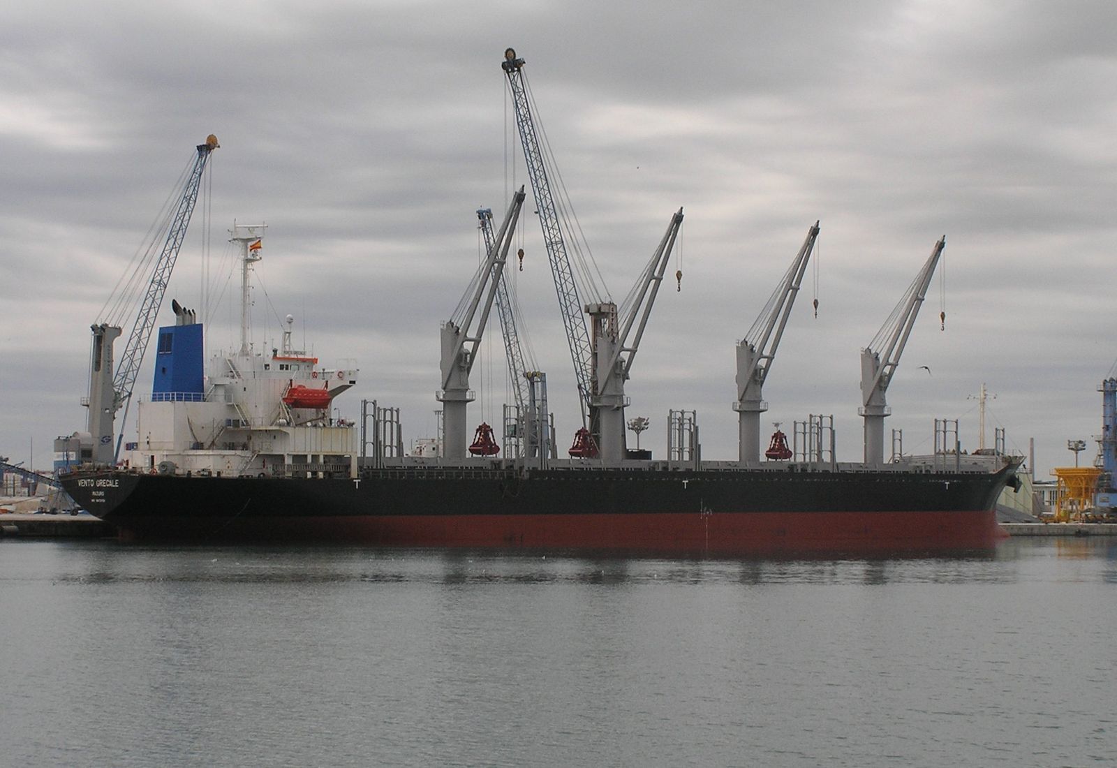 Un mercante en el puerto descargando graneles.