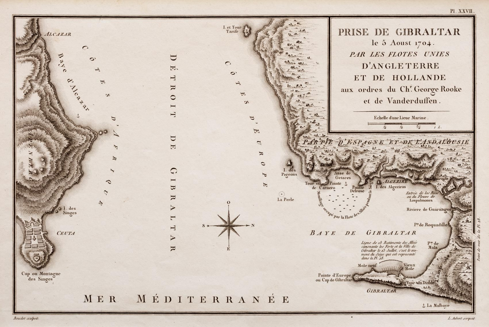 Grabado calcográfico con un mapa del Estrecho de Gibraltar en el que se señalan las operaciones de la toma de la plaza en 1704 por una flota anglo-holandesa. Corresponde a la lámina número 27 de la obra de François Dequevauviller y del ingeniero Nicolás Ozanne.  1797