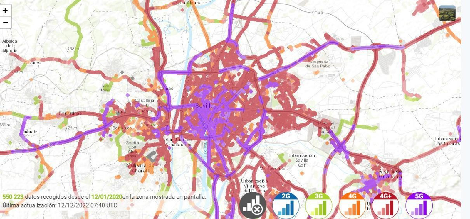 Mapa de la cobertura en Sevilla