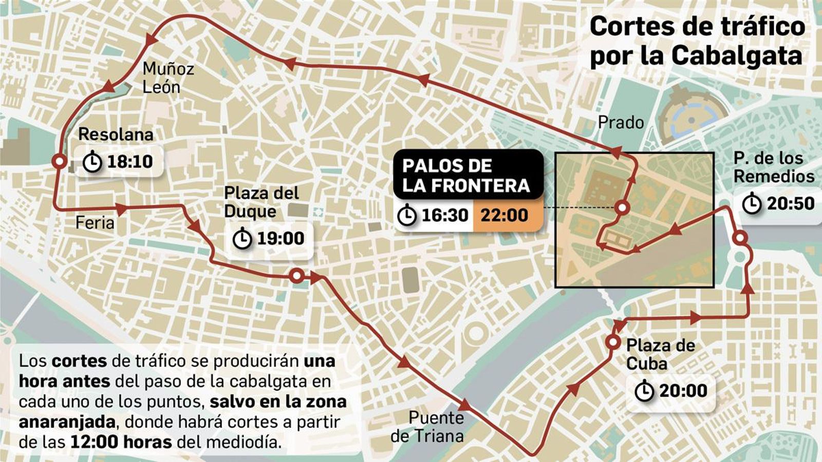 Cortes de tráfico por la Cabalgata de Reyes Magos de Sevilla 2023