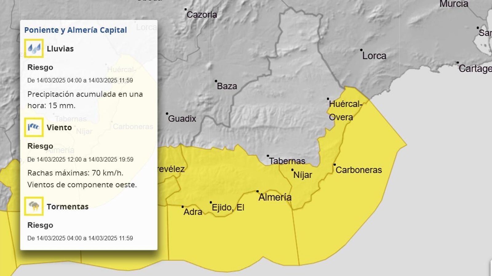 Mapa de alertas previstas para el viernes 14 de marzo.