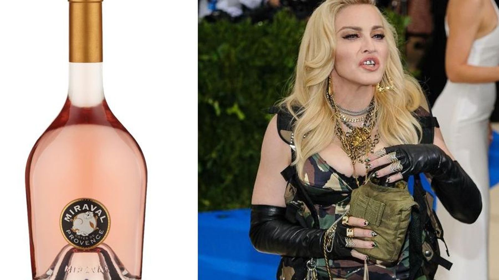 Botella de Miraval, y Madonna con la cantimplora de rosado.