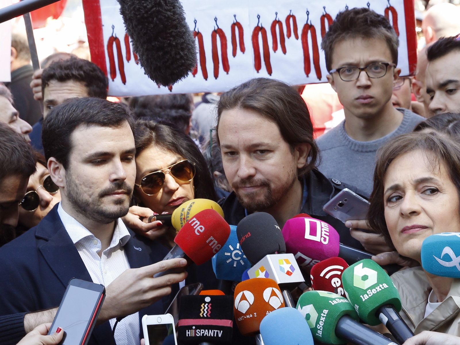 Alberto Garzón, Pablo Iglesias e Íñigo Errejón, al inicio de la manifestación convocada ayer por UGT y CCOO con motivo del Primero de Mayo.