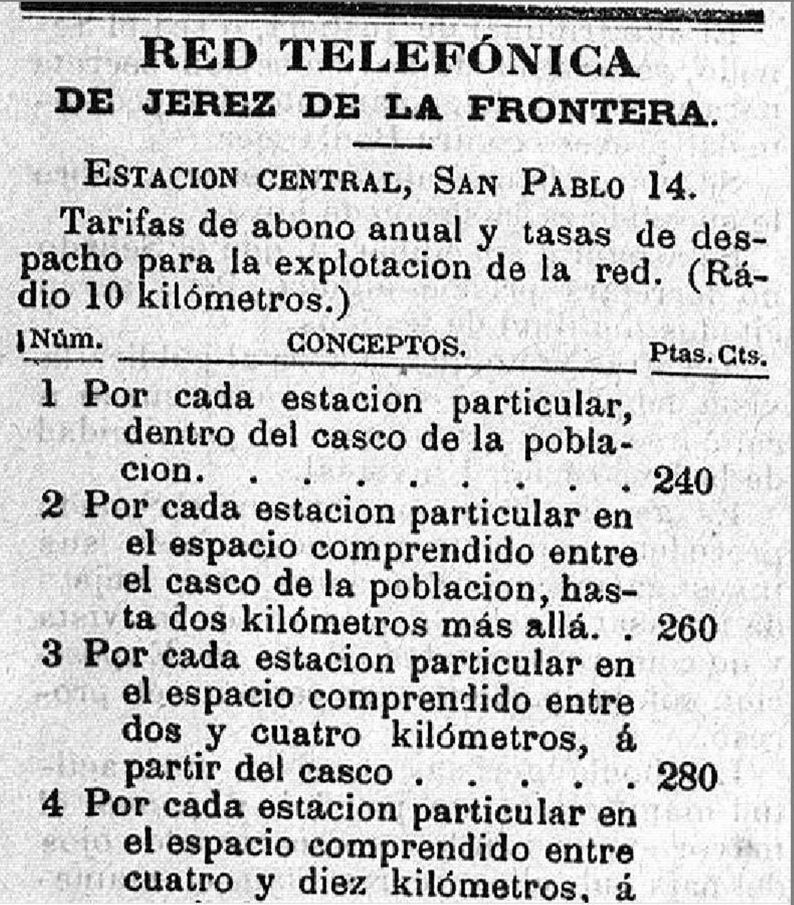 Nota publicitaria de la primera red de teléfonos de Jerez, 1889.