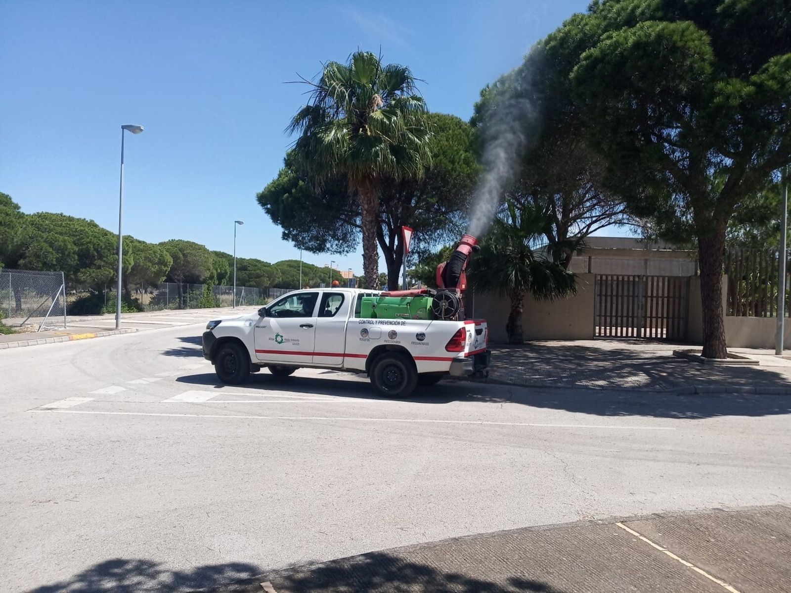 Momento de la fumigación en pinares públicos de Chiclana.