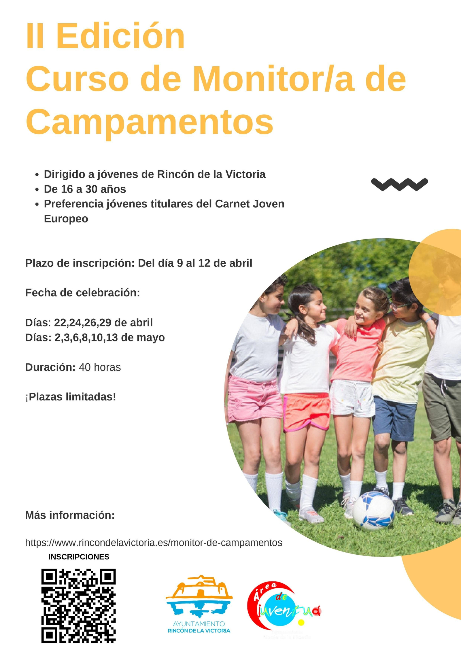 Cartel del nuevo curso gratuito de monitor de campamentos en Rincón de la Victoria