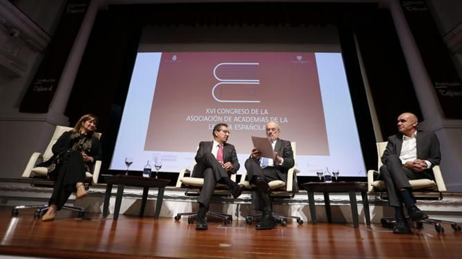 Ana Murillo, Antonio Pulido, Santiago Muñoz Machado y Antonio Muñoz, durante la presentación del XVI Congreso de la Asociación de Academias de la Lengua Española.