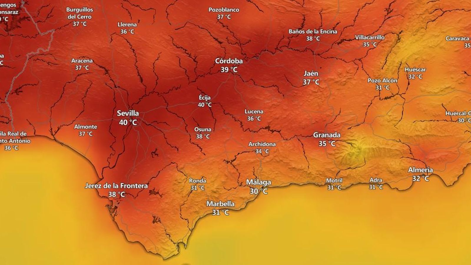 Mapa de temperaturas de Andalucía a las 17:00 de este 1 de julio.
