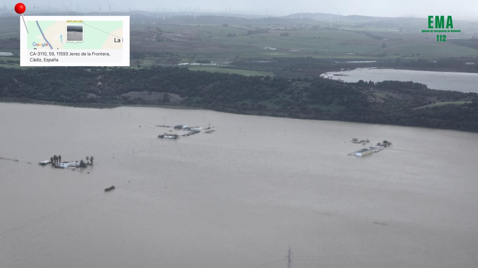 Así se ve desde el aire el desbordamiento del río Guadalete en Jerez, El Puerto, Arcos y la Sierra