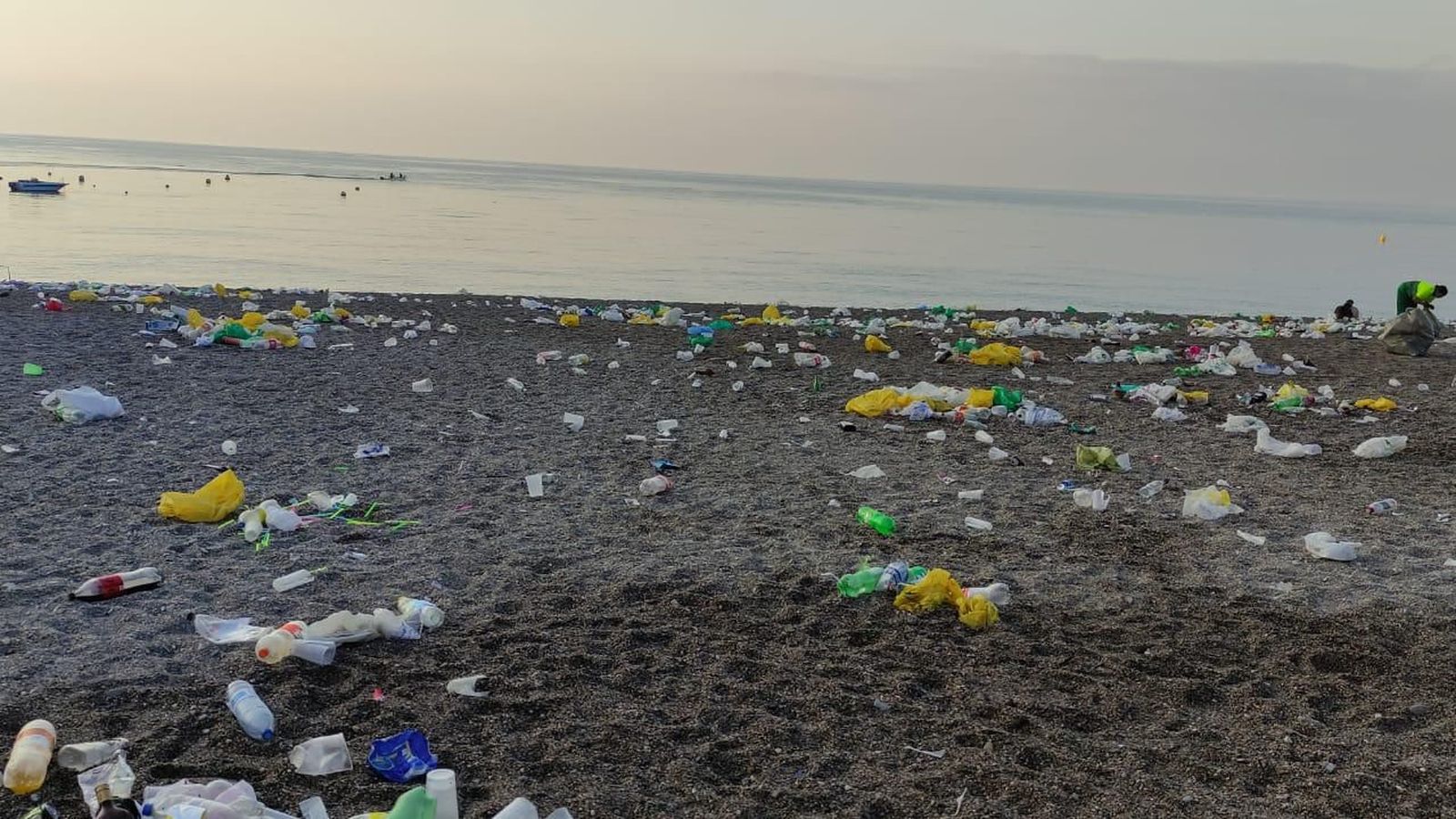 Un operario municipal inicia la jornada recogiendo basura en la playa de Calahonda
