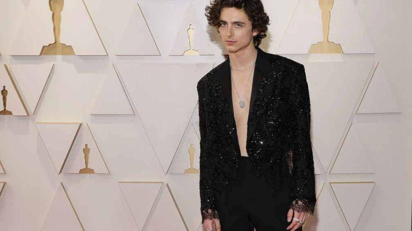Timothee Chalamet y su nada ejemplarizante modelito de pecho descubierto.