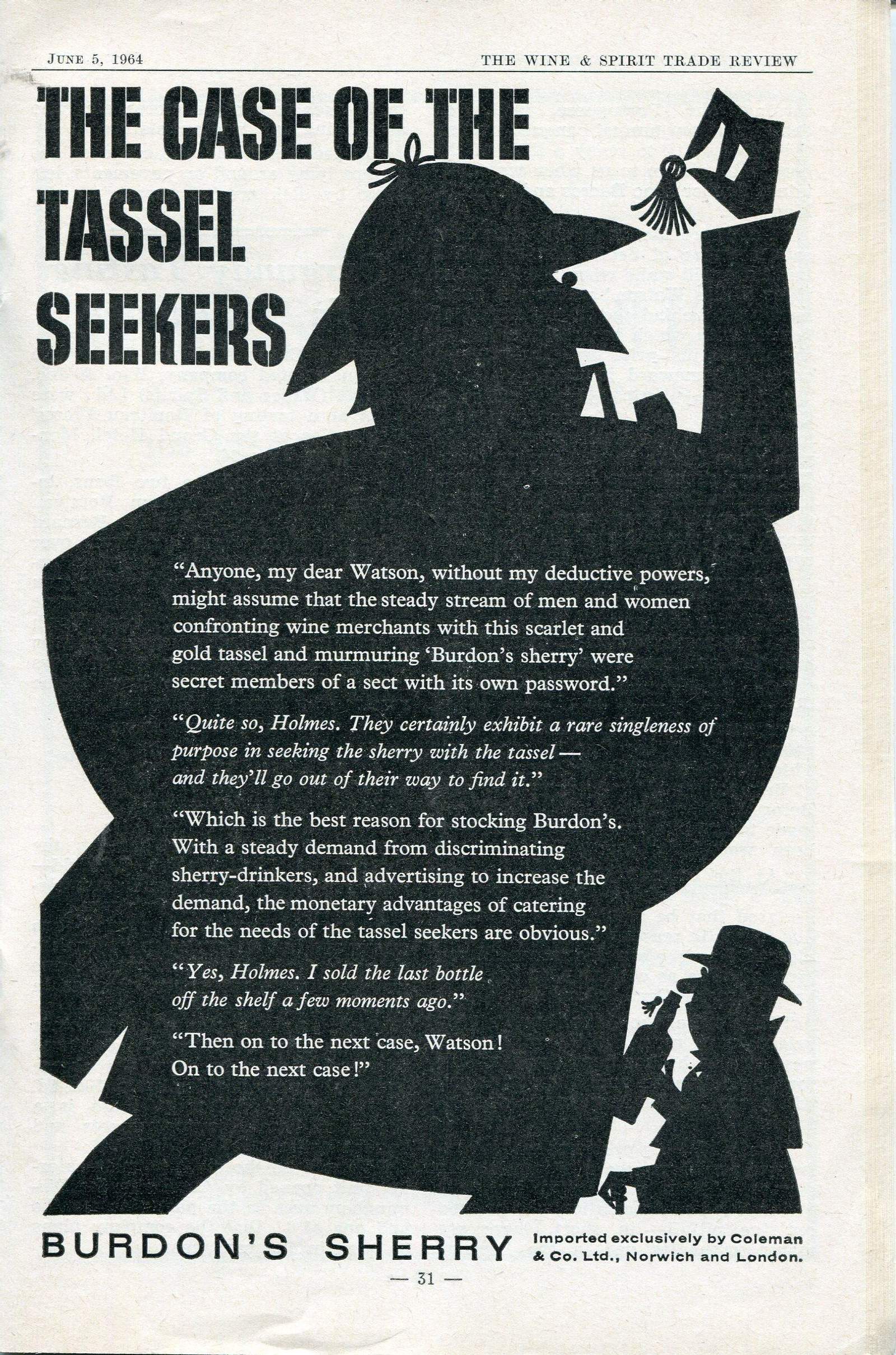 Publicidad de Burdon´s sherry recurriendo a Holmes y Watson, 1964.