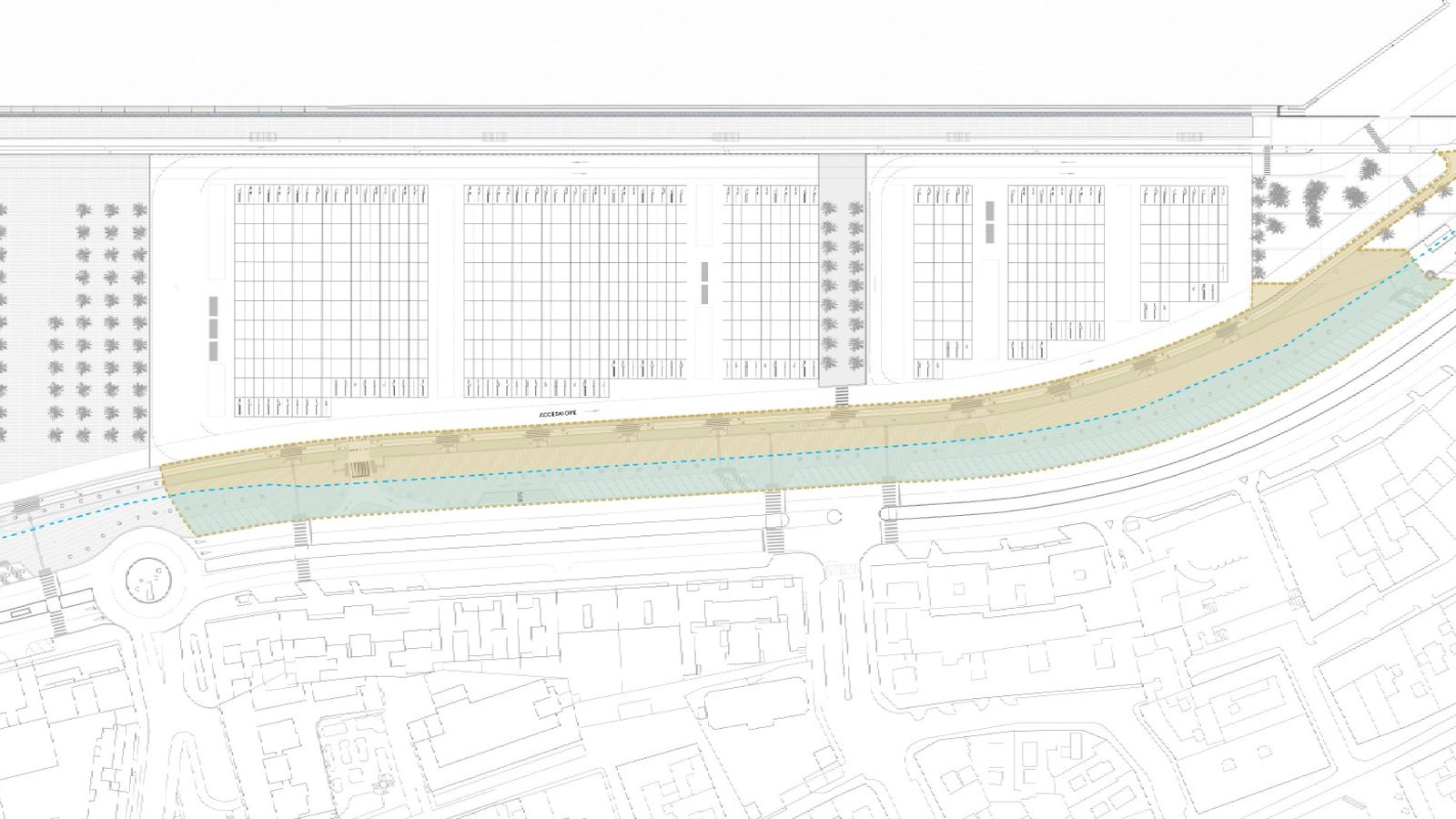 Delimitación de la zona de actuación. En color amarillo, la franja de suelo marítimo y en la verde, de titularidad municipal.