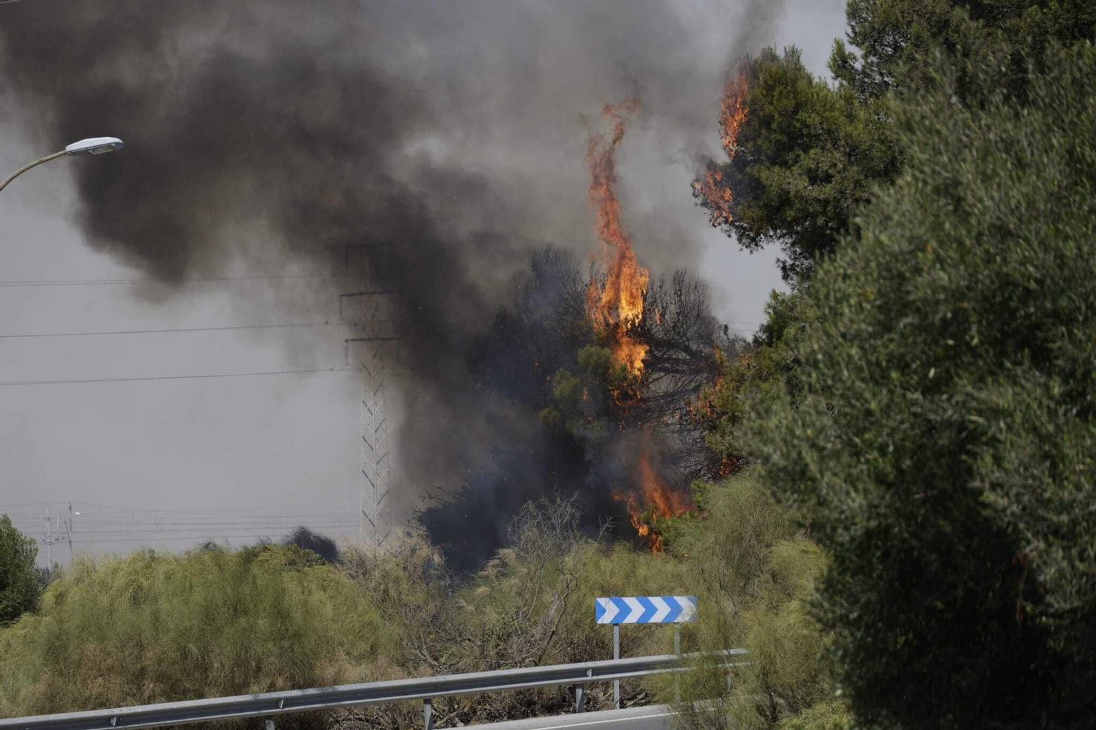 Imágenes del gran incendio de Puerto Real, visible desde la Bahía de Cádiz