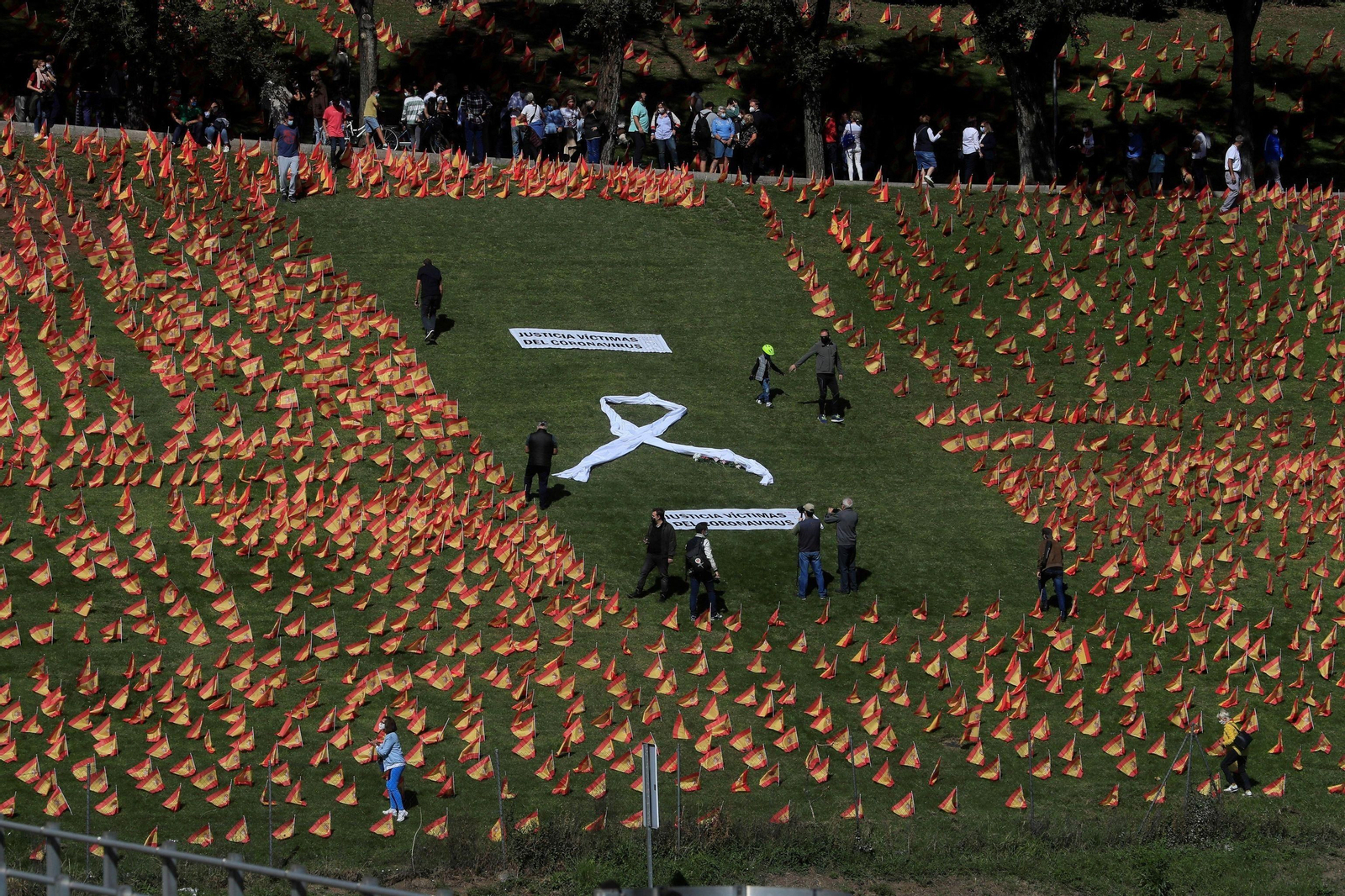 Vista del parque Roma de Madrid, que ha amanecido este domingo con 53.000 banderas de España sobre el césped en recuerdo a las víctimas del Covid-19.