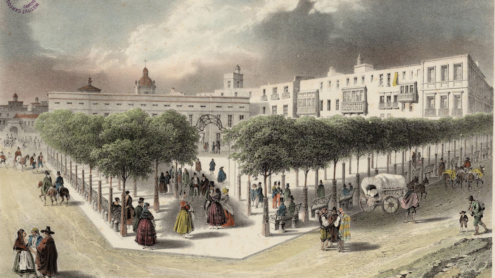 Litografía de Arnout de 1842 que nos muestra la plaza mirando hacia la Academia de Bellas Artes y la Iglesia de San Francisco, destacándose la parra y el pavimento central. Fuente C