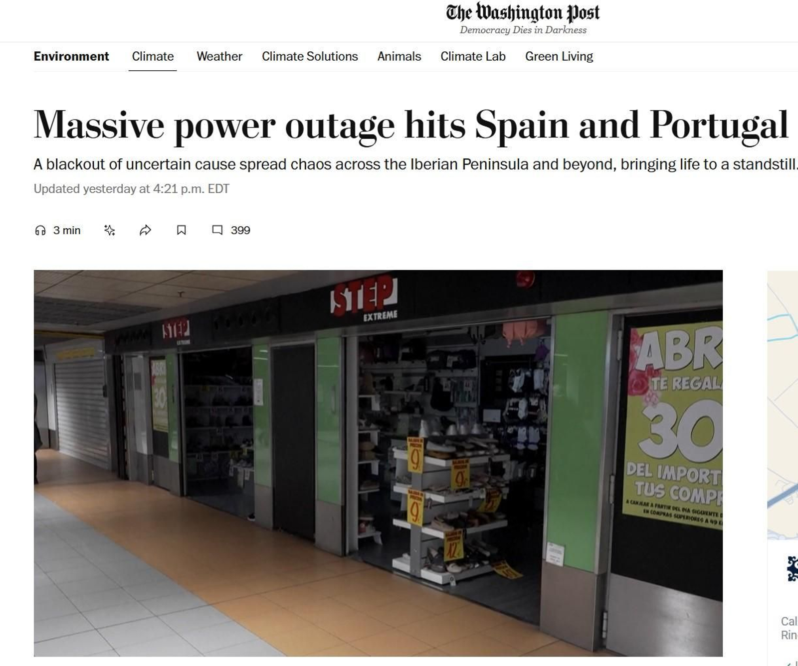 Noticia de The Washington Post sobre el apagón en España