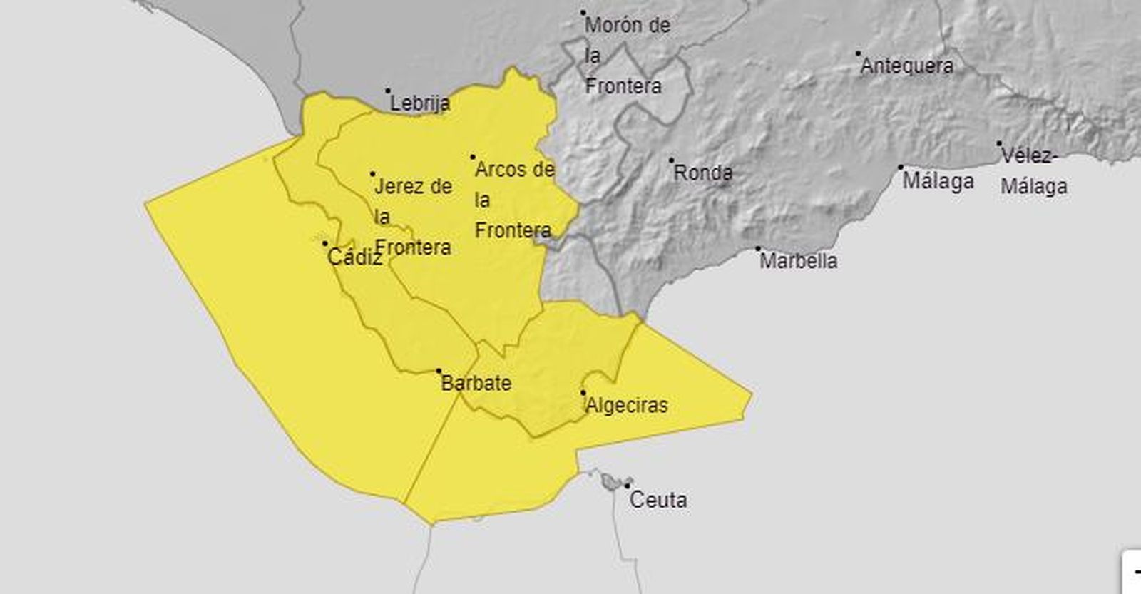 Zonas afectadas por la alerta amarilla por viento de levante este viernes.