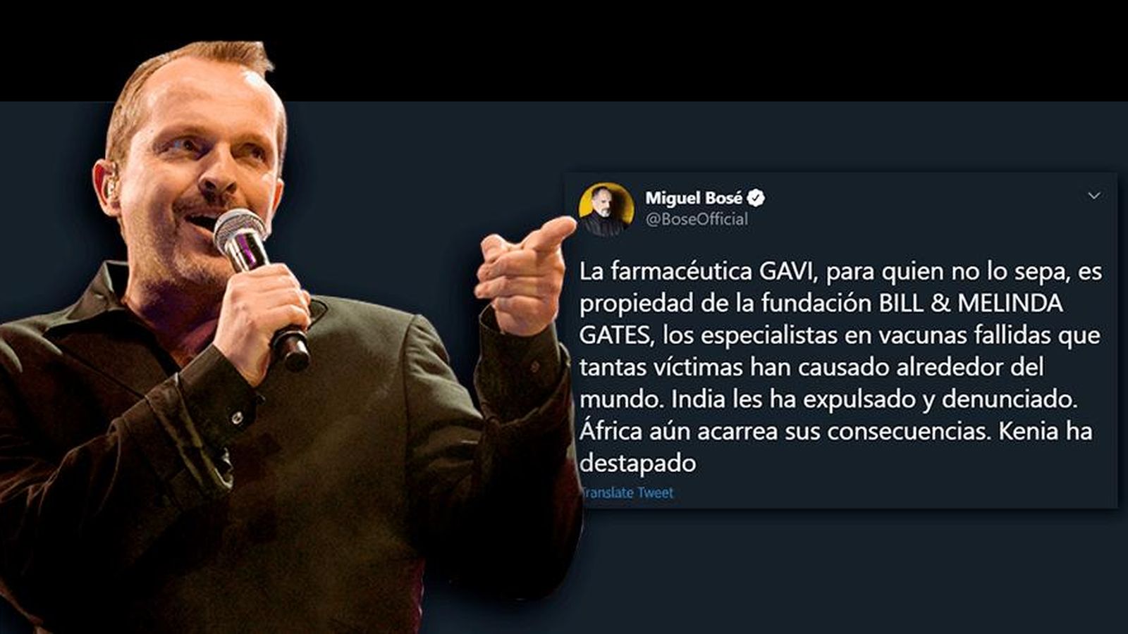 Una de las acusaciones que vertió Miguel Bosé contra la fundación de Bill Gates antes de cerrar su cuenta en Twitter.