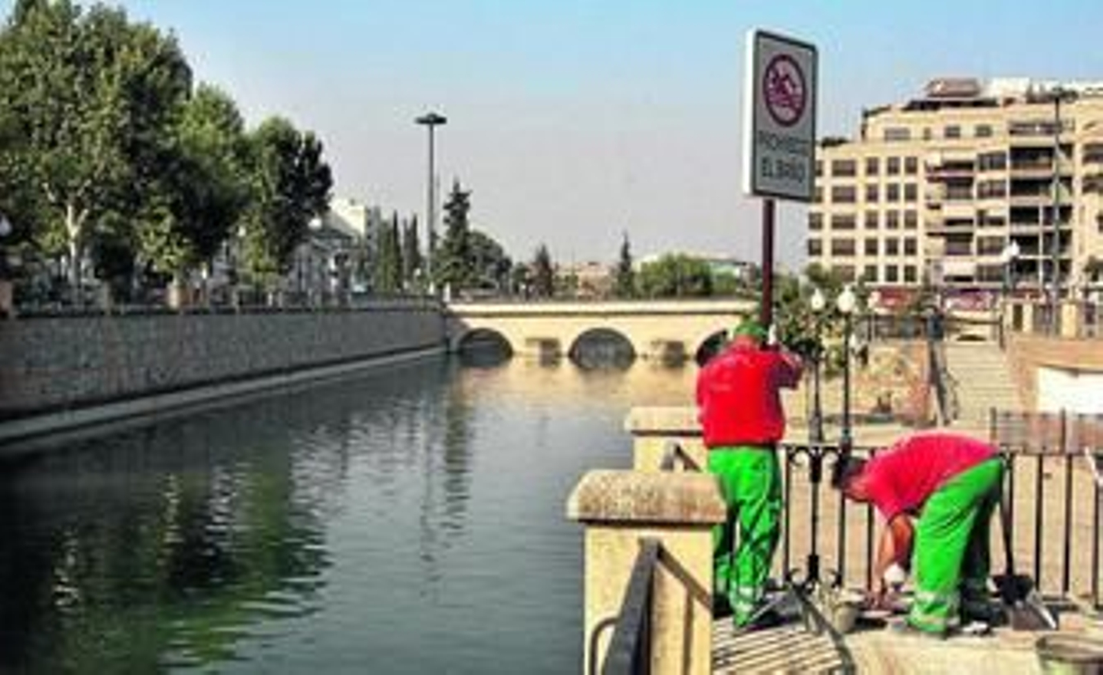 Momento de la colocación de una de las siete señales que prohíben el baño a lo largo de todo el margen del río Genil a su paso por la ciudad.