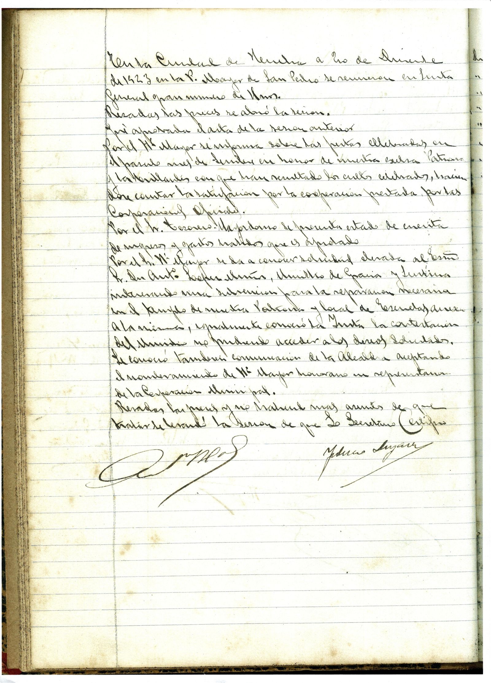 Acta de la Hermandad de la Cinta de 20 de diciembre de 1923 en la que se recoge la aceptación de la Corporación Municipal del nombramiento de Hermano Mayor Honorario.