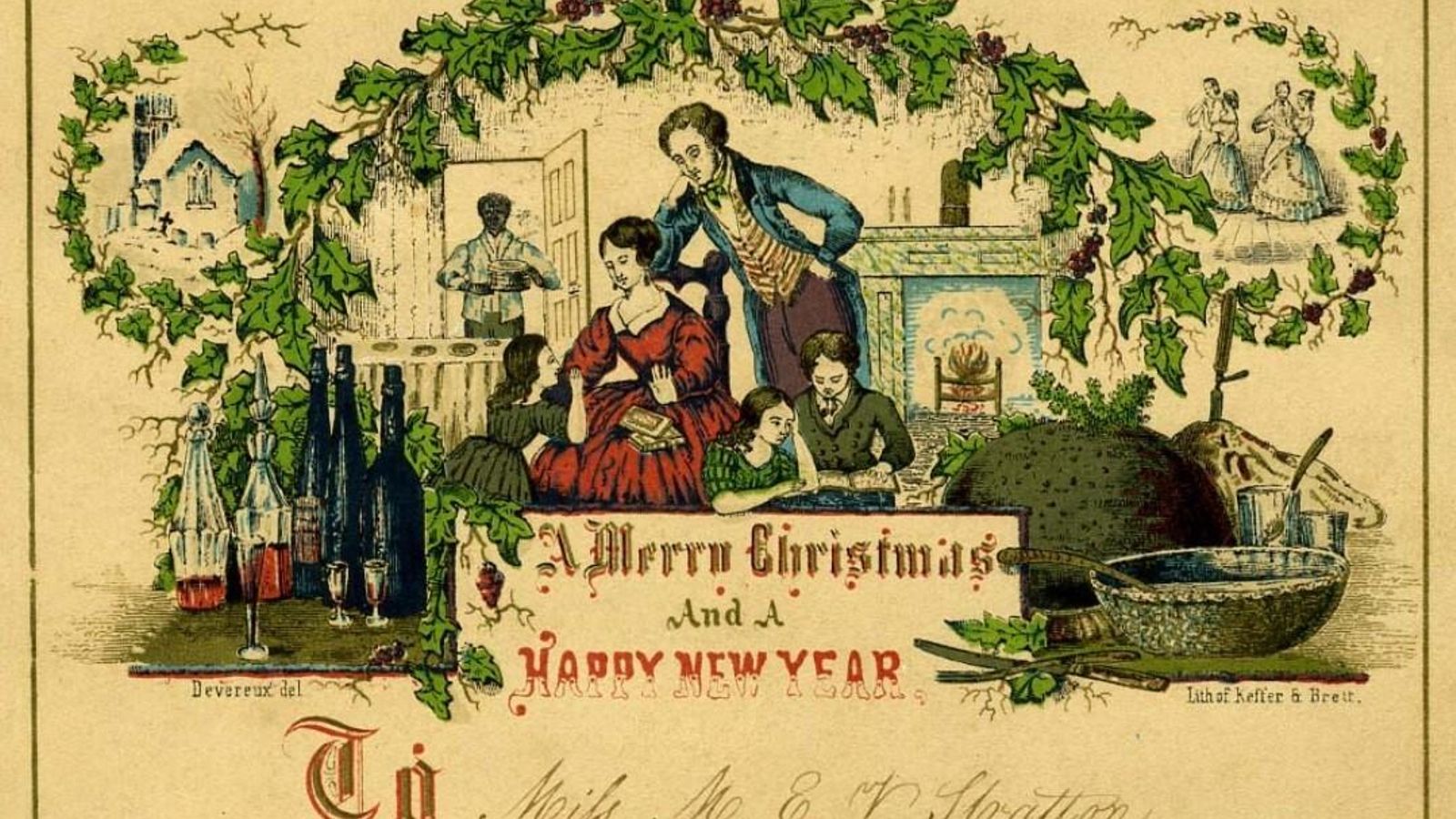 Tarjeta de felicitación navideña americana de 1850.