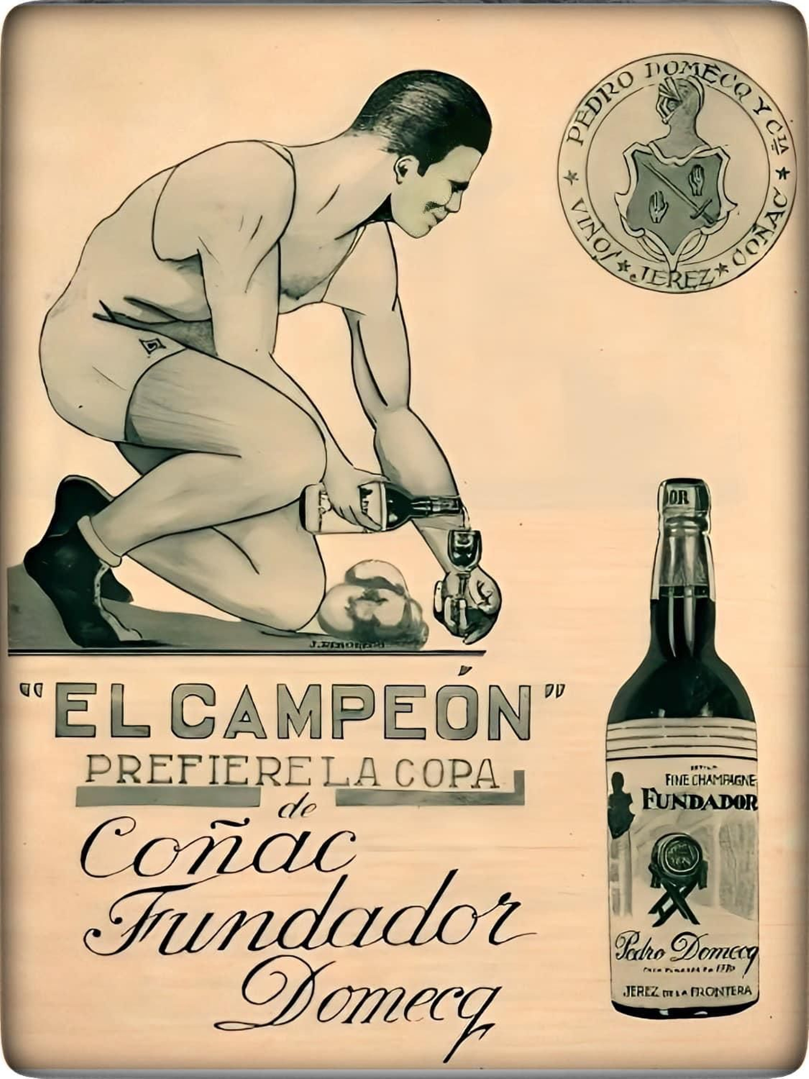 Publicidad del brandy Fundador, con Paulino Uzcudun.