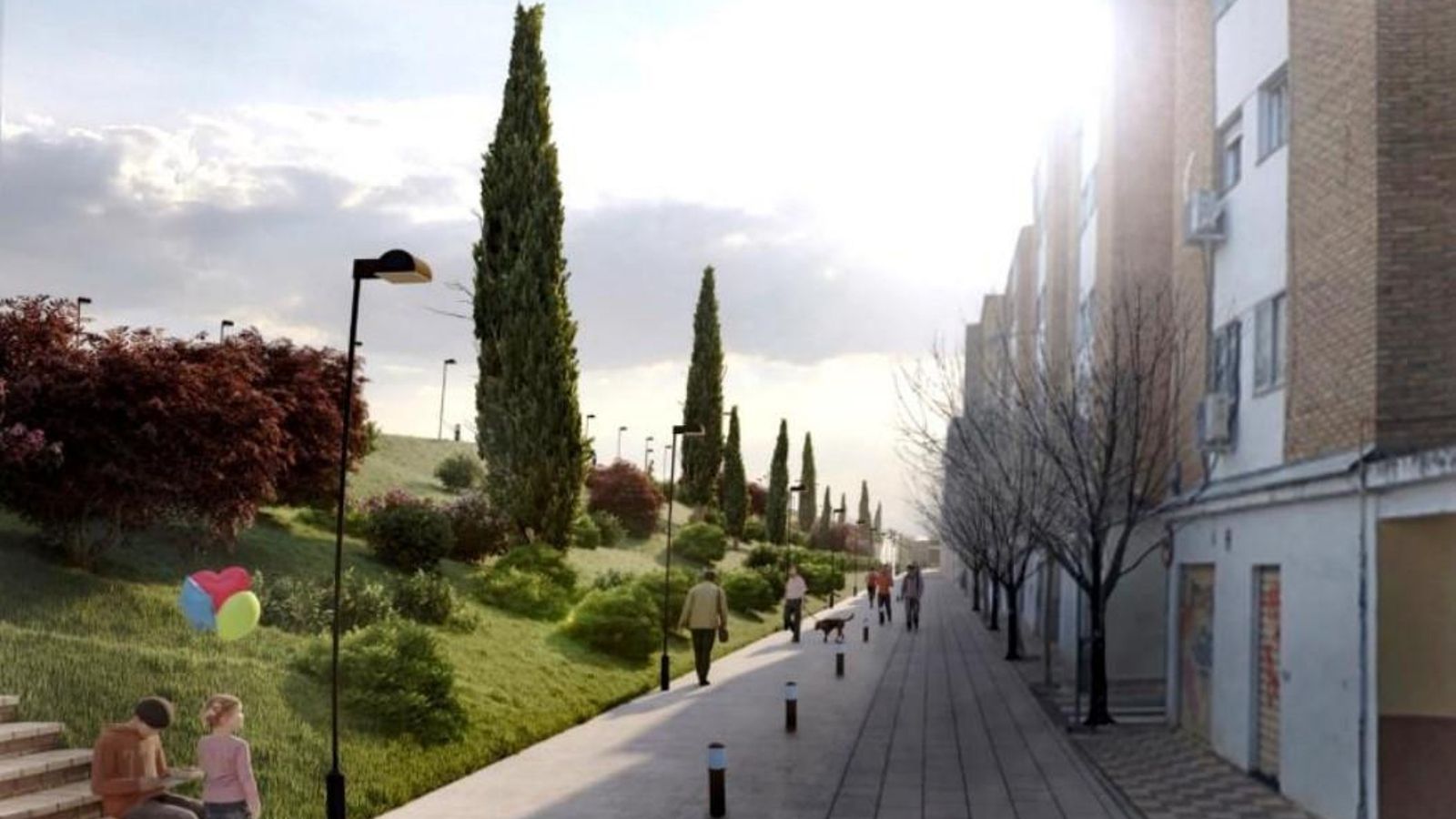 Después: calle Jesse Owens, peatonalizada, y con un parque en vez de vías frente a las casas Después: calle Jesse Owens, peatonalizada, y con un parque en vez de vías frente a las casas
