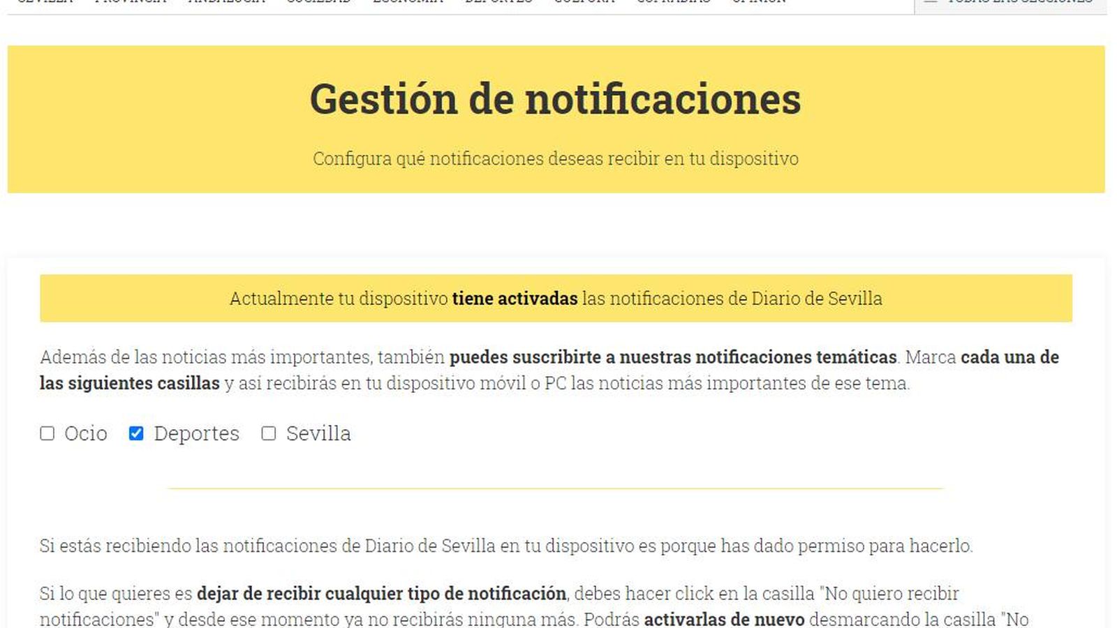 Página para acceder a la suscripción de las notificaciones de Diario de Sevilla