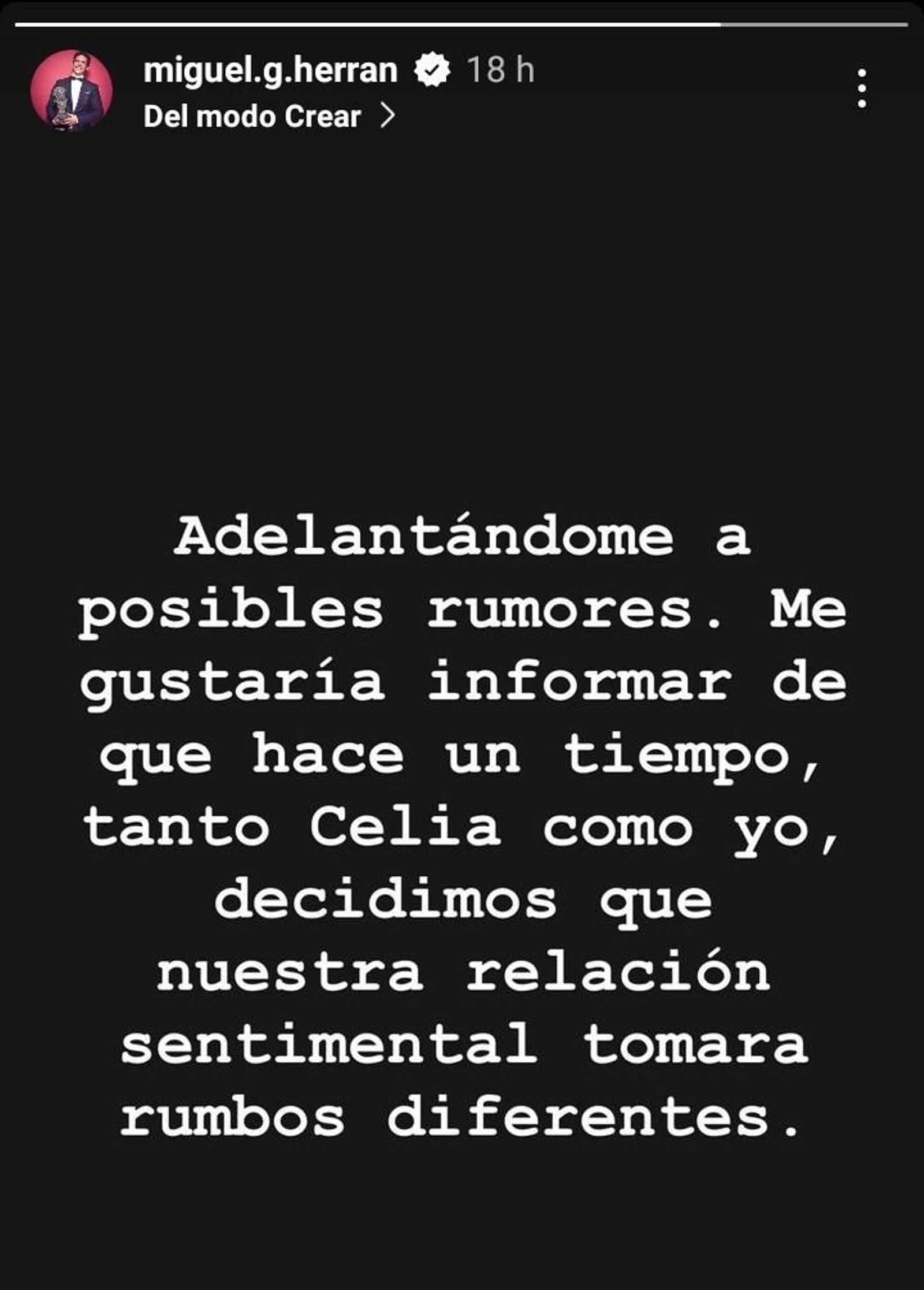 La 'story' que ha compartido el actor para anunciar la ruptura con Celia Pedraza.
