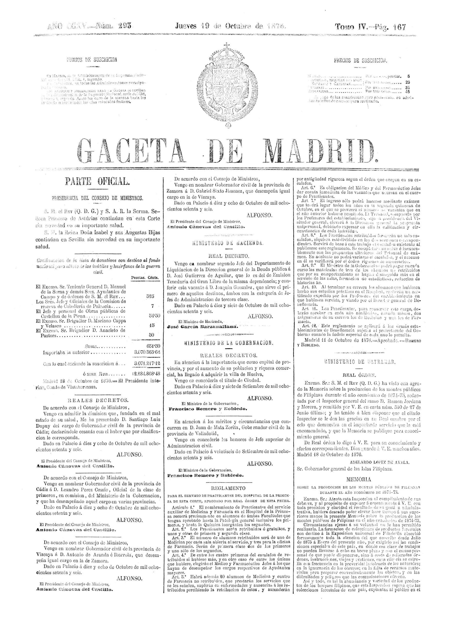 Gaceta de Madrid num 293 de 1876, donde se publica la concesión del título de ciudad.
