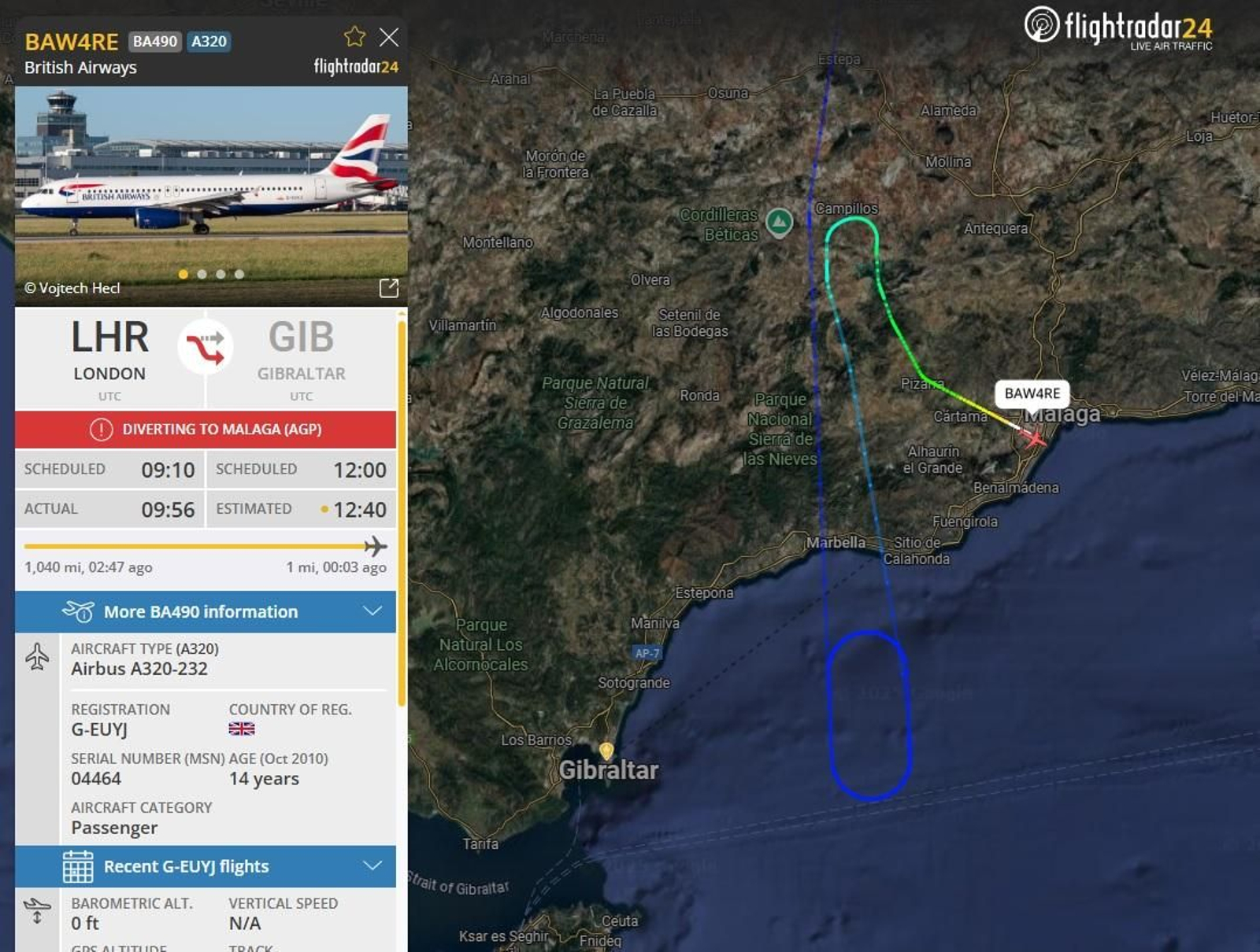El recorrido del avión de British Airways desviado a Málaga.