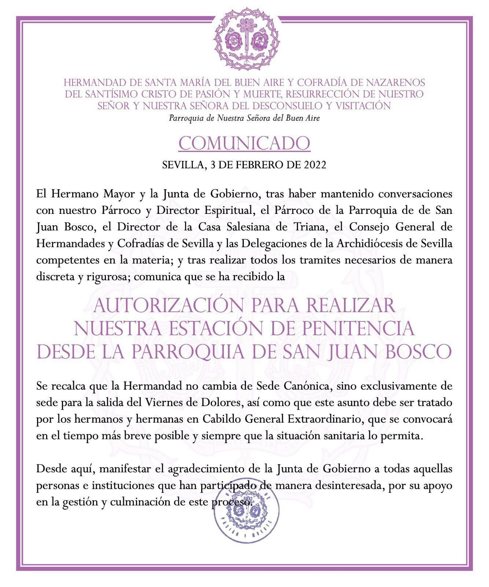 Comunicado emitido esta tarde por la Hermandad de Pasión y Muerte