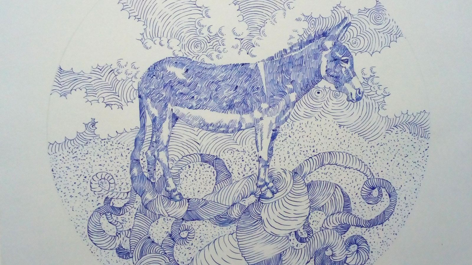 'Cola de burro', obra en bolígrafo azul sobre papel.