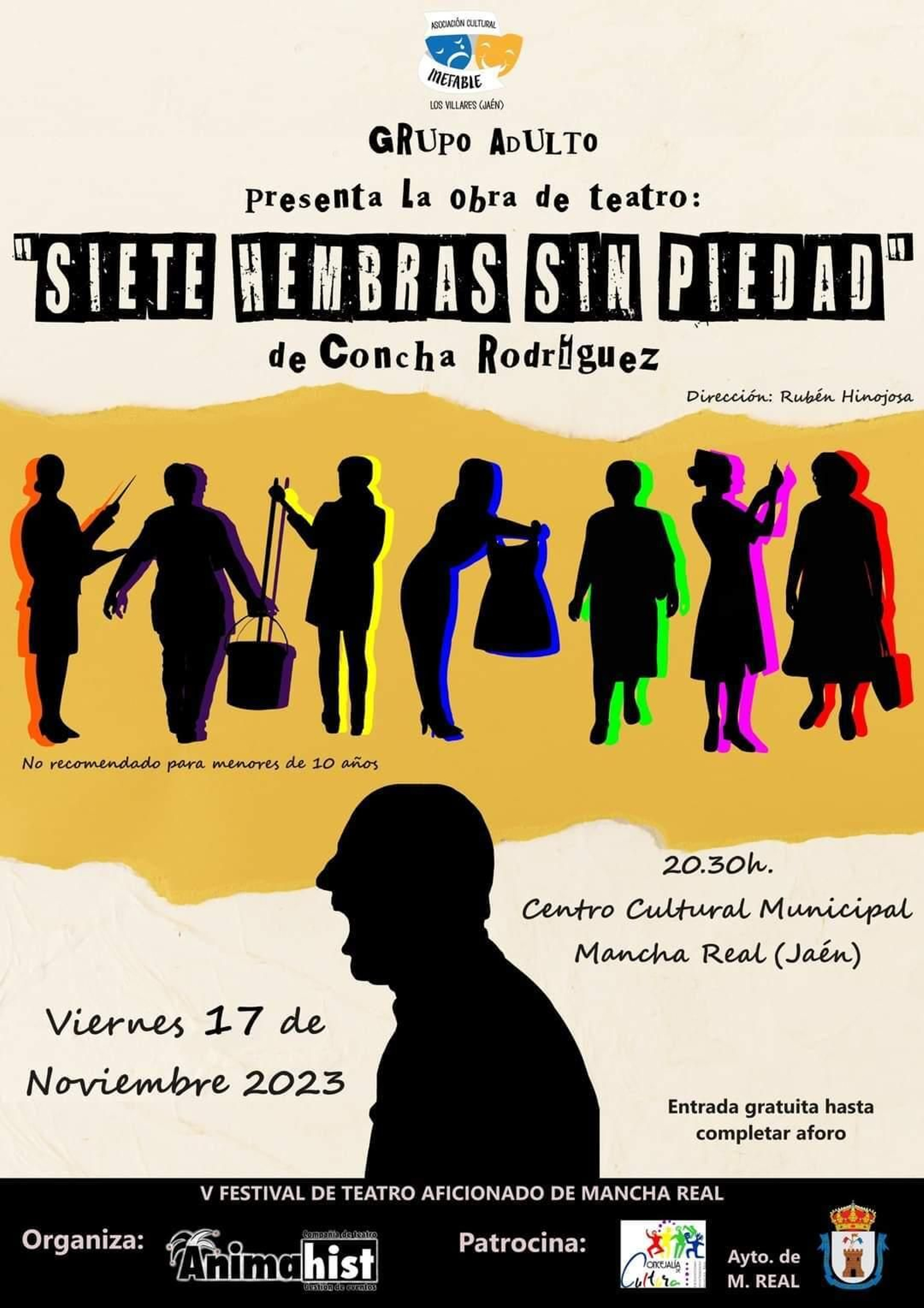 Cartel anunciador de la obra de teatro con acceso gratuito hasta completar aforo.