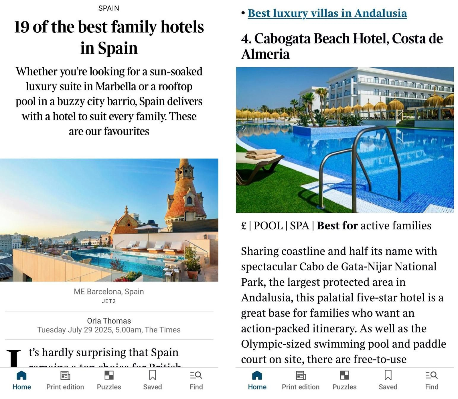Montaje con la publicación de The Times sobre el listado que destaca al hotel CaboGata Beach.