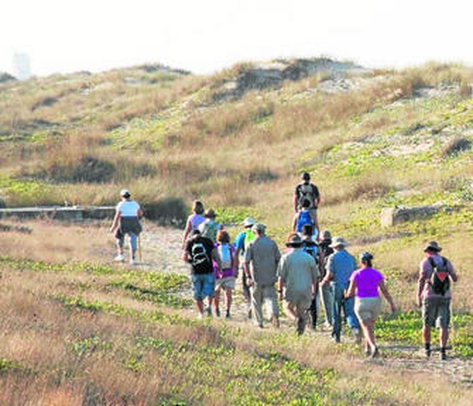 Peregrinos caminando por las dunas de la Vía Augusta de Cádiz.