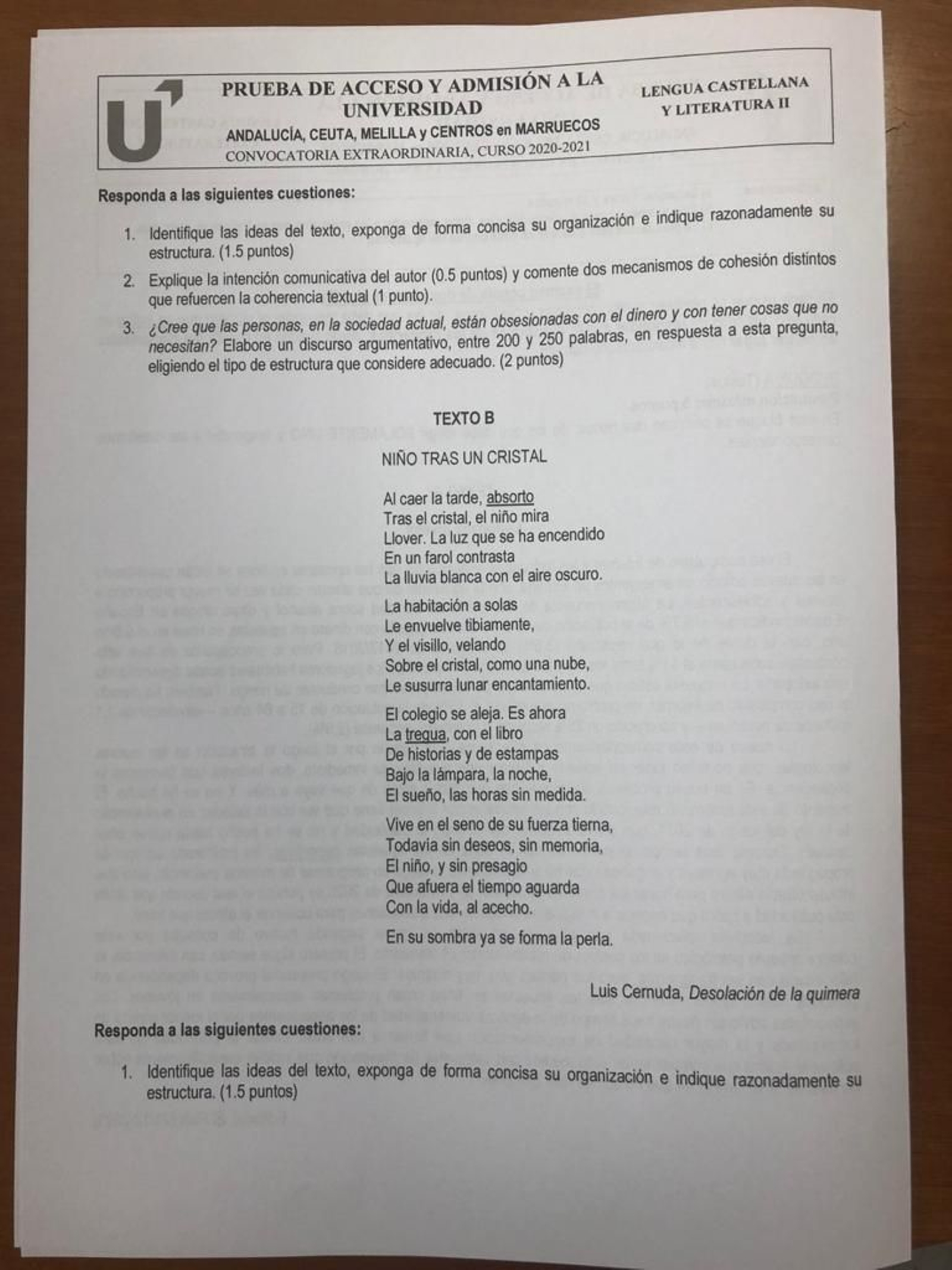 Examen de Lengua y Literatura de la Selectividad extraordinarria en Andalucía 2021