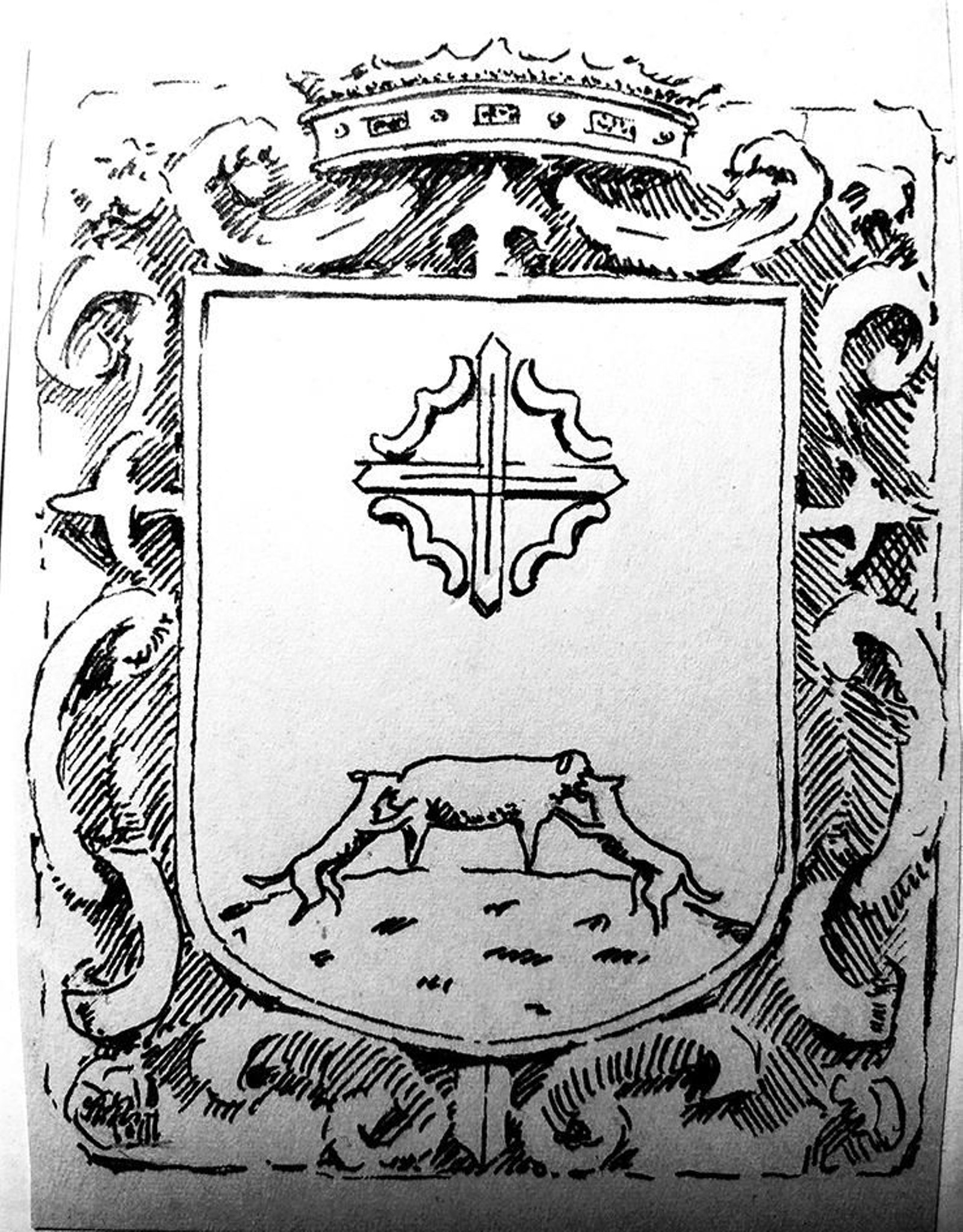 Ilustración de escudo con unos lobos devorando a su presa