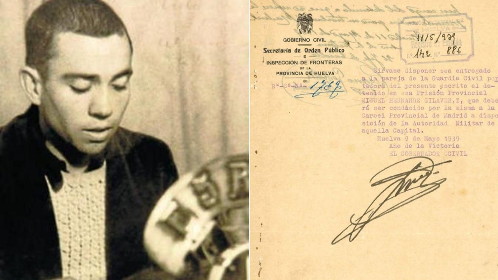 Miguel Hernández junto a su hoja de registro de ingreso en la cárcel de Huelva.