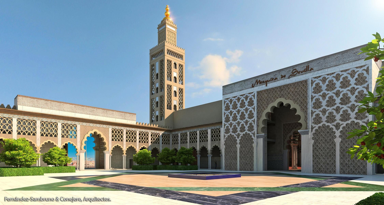 Recreación del proyecto de la Comunidad Islámica Mezquita Ishbilia en la que se observa el patio de abluciones.