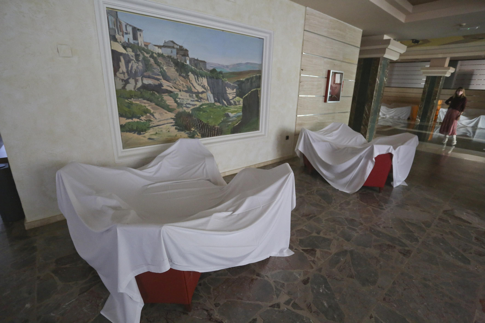 Sábanas blancas visten el hotel Amaragua de Torremolinos, cerrado por el coronavirus, en fotos